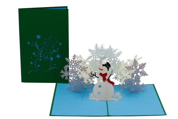 3D Karte Schneemann mit Schneeflocken