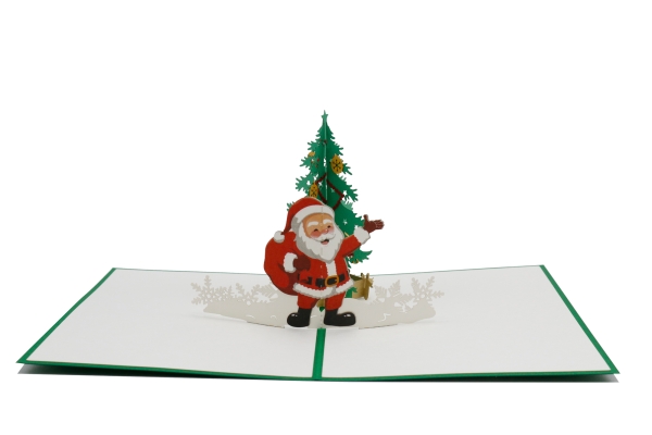 3D Karte Weihnachtsmann mit Tannembaum